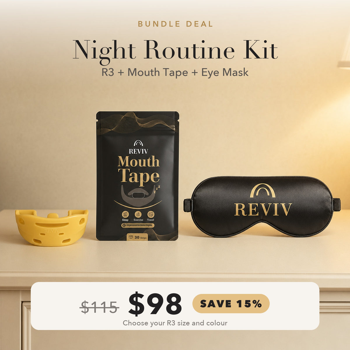 Night Routine Kit: R3 + Mouth Tape + Eye Mask bundle, $98 was $115