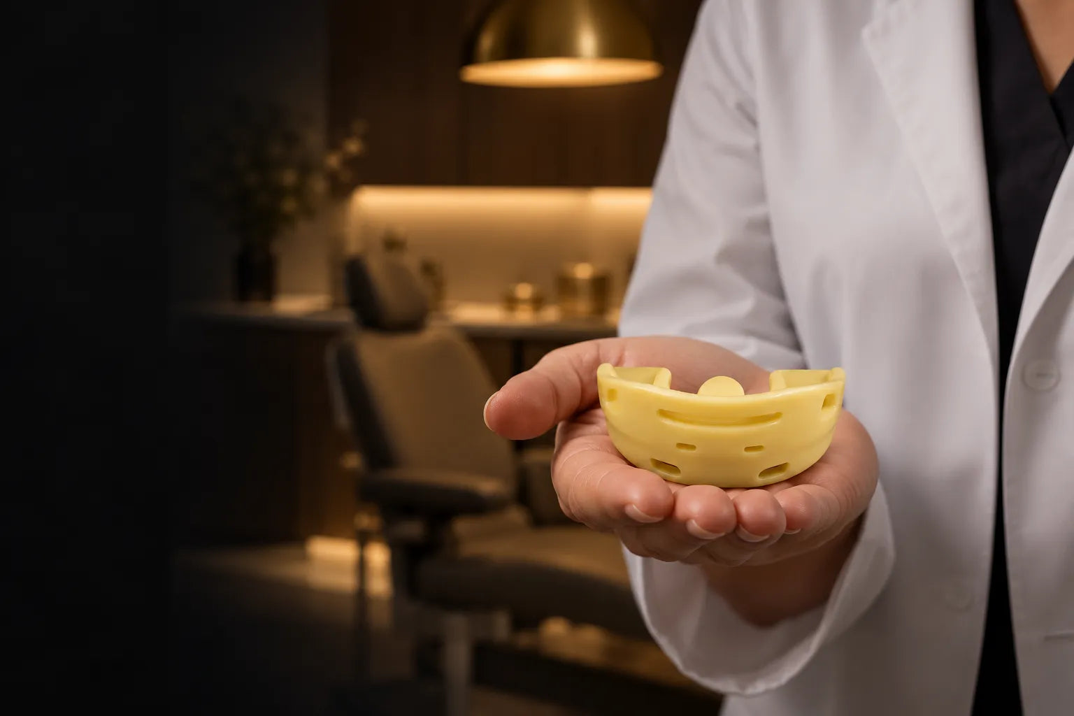 A dental professional in a white coat holding a Reviv mouthguard in an open hand inside a softly lit practice.