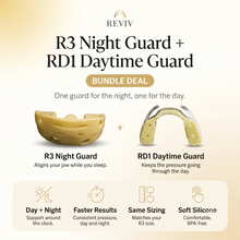 Promotional graphic for a REVIV dental product bundle showing two beige silicone guards: an R3 Night Guard and an RD1 Daytime Guard, with text explaining the bundle deal and feature benefits.