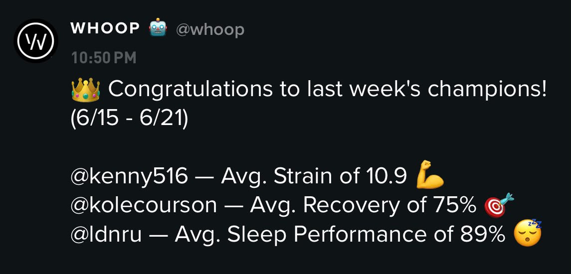 WHOOP community post announcing the month's champions